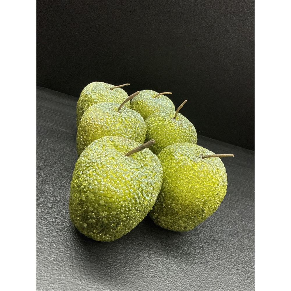 Lot 6 Vintage MCM Chunky Green Apple Sugar Ice Coated Fruit Ornament